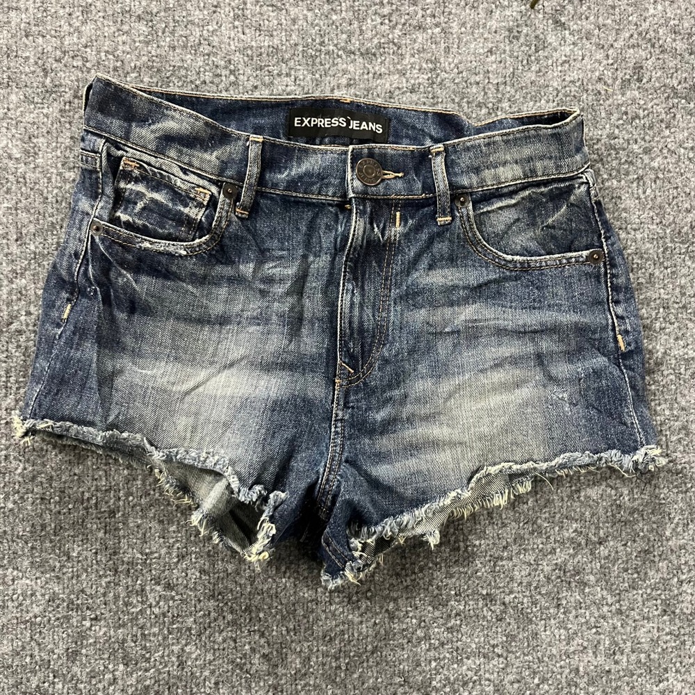 Express Jeans Shorts Womens Size 6 Blue Denim Cut Off Raw Hem Casual Distressed